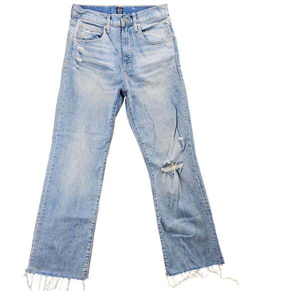 Gap Jeans Womens Sz 2 / 26 Ankle Flare Light Indigo Destroyed Raw Hem High Rise - Picture 1 of 16